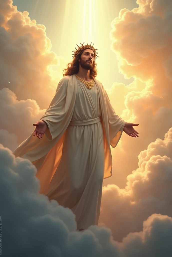 "Jesus, crowned with thorns, majestic and serene, stands high in the clouds of heaven. His gaze is one of compassion and wisdom, directed toward the Earth. The scene is enveloped in a heavenly luminosity, with soft clouds and rays of light highlighting His presence. The background is a vast and ethereal sky, conveying a sense of peace and spirituality."
