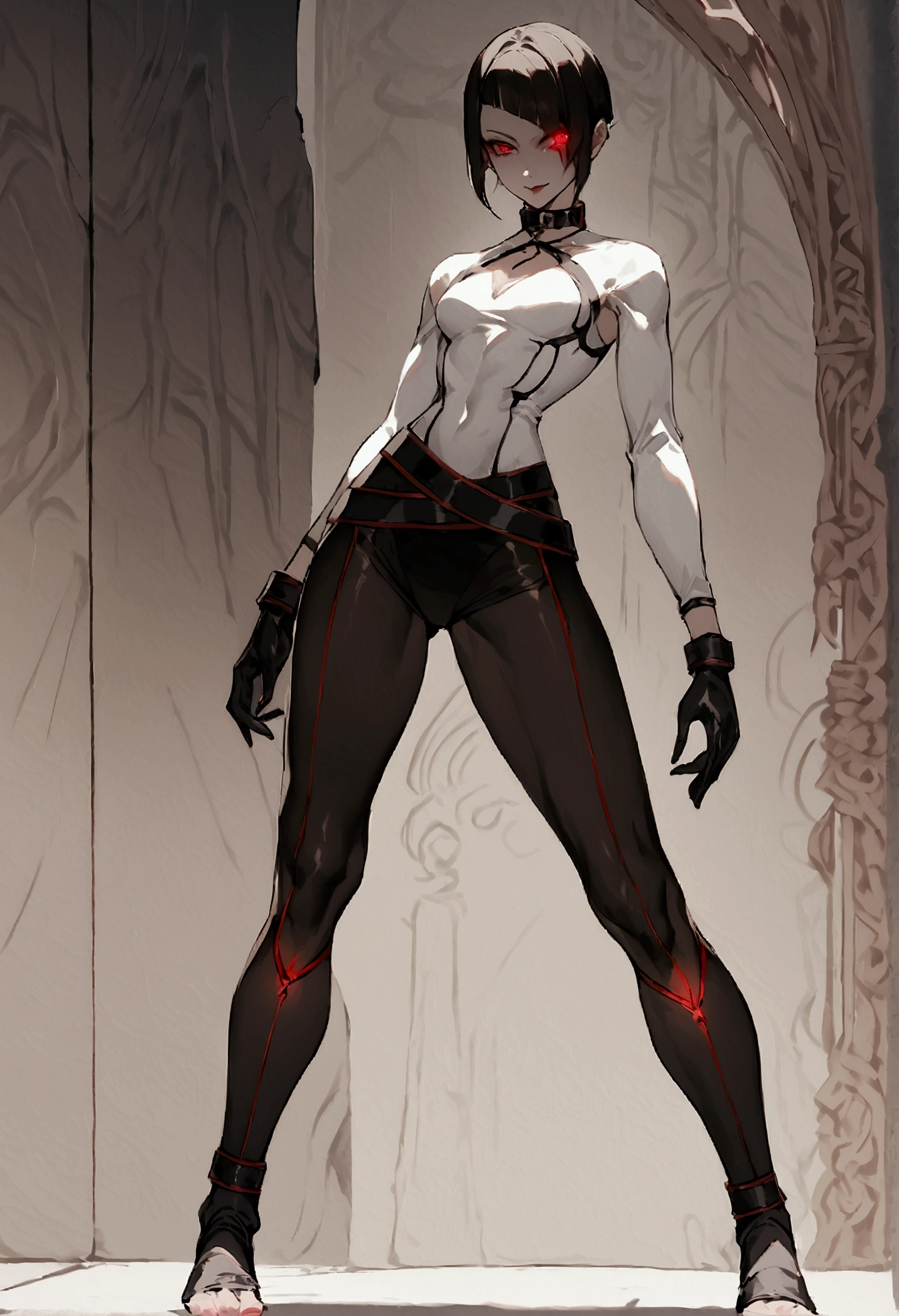 fully body,standing,alone,short hair,work of art,face detailed,young fitness linda,Wearing black pantyhose,tight white sweater with collar ,neckleace,evil smile,red eyes glowing,labiaa,eye shadow,bangs on the eyes,black gloves