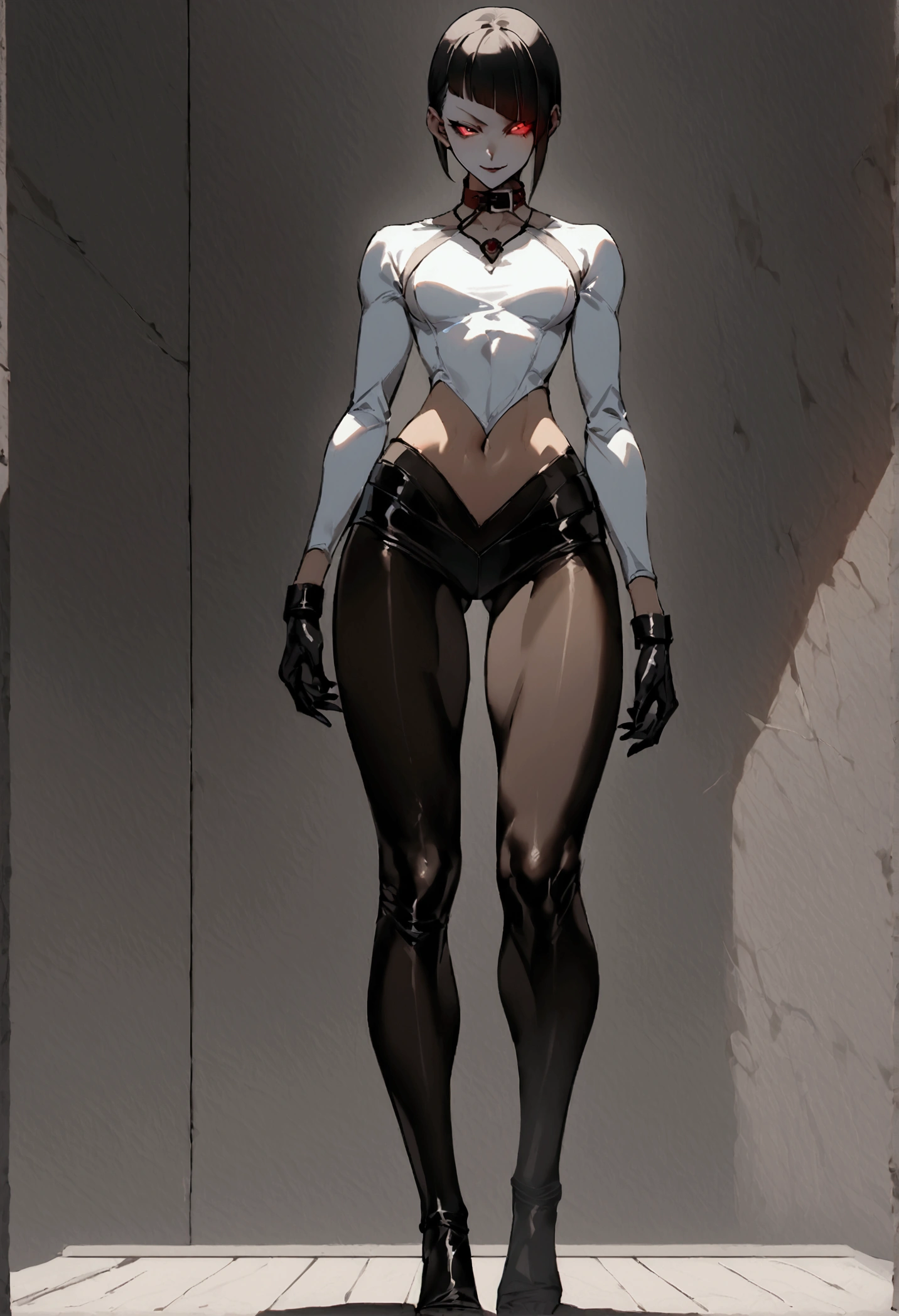 fully body,standing,alone,short hair,work of art,face detailed,young fitness linda,Wearing black pantyhose,tight white sweater with collar ,neckleace,evil smile,red eyes glowing,labiaa,eye shadow,bangs on the eyes,black gloves
