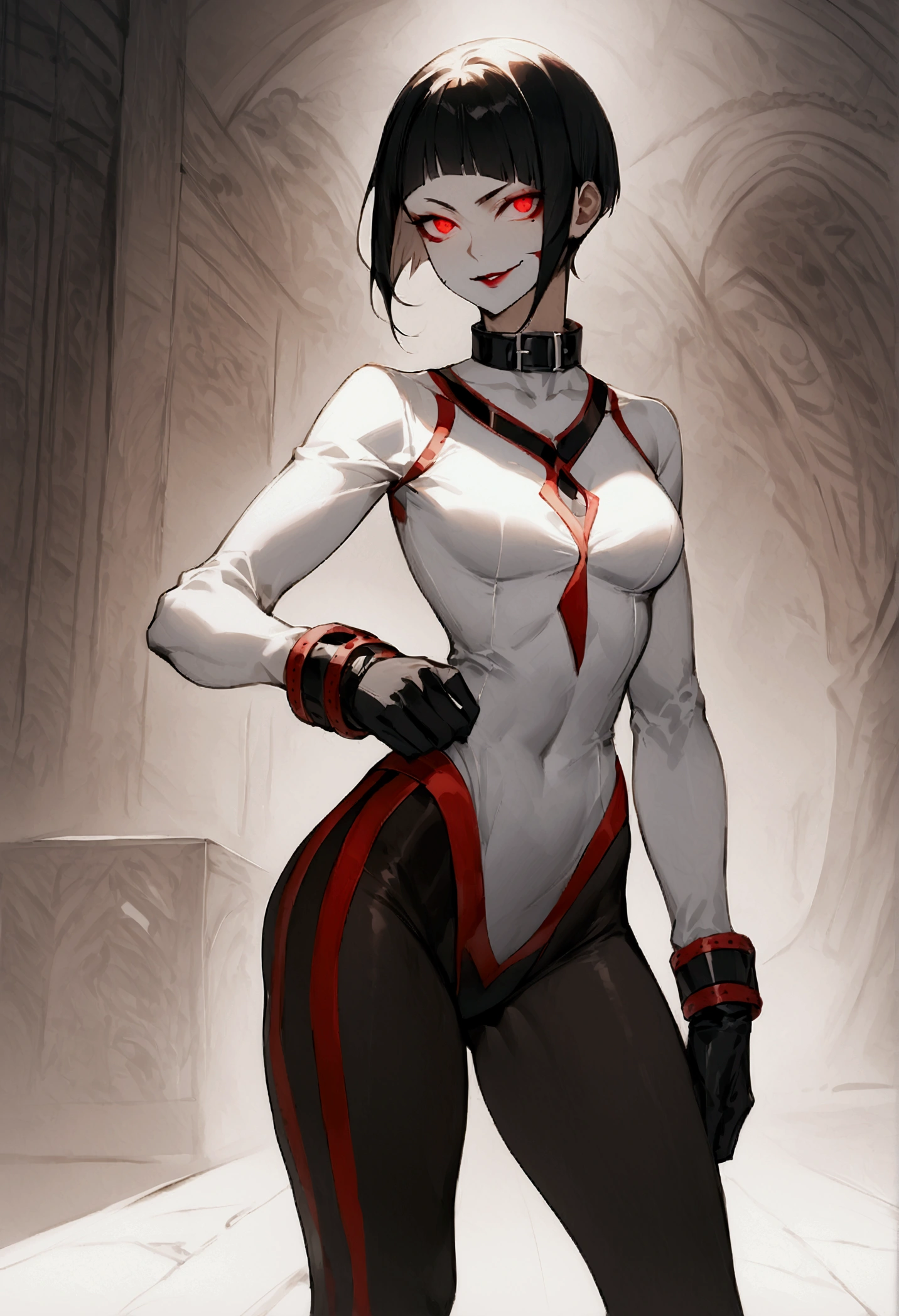 fully body,standing,alone,short hair,work of art,face detailed,young fitness linda,Wearing black pantyhose,tight white sweater with collar ,neckleace,evil smile,red eyes glowing,labiaa,eye shadow,bangs on the eyes,black gloves