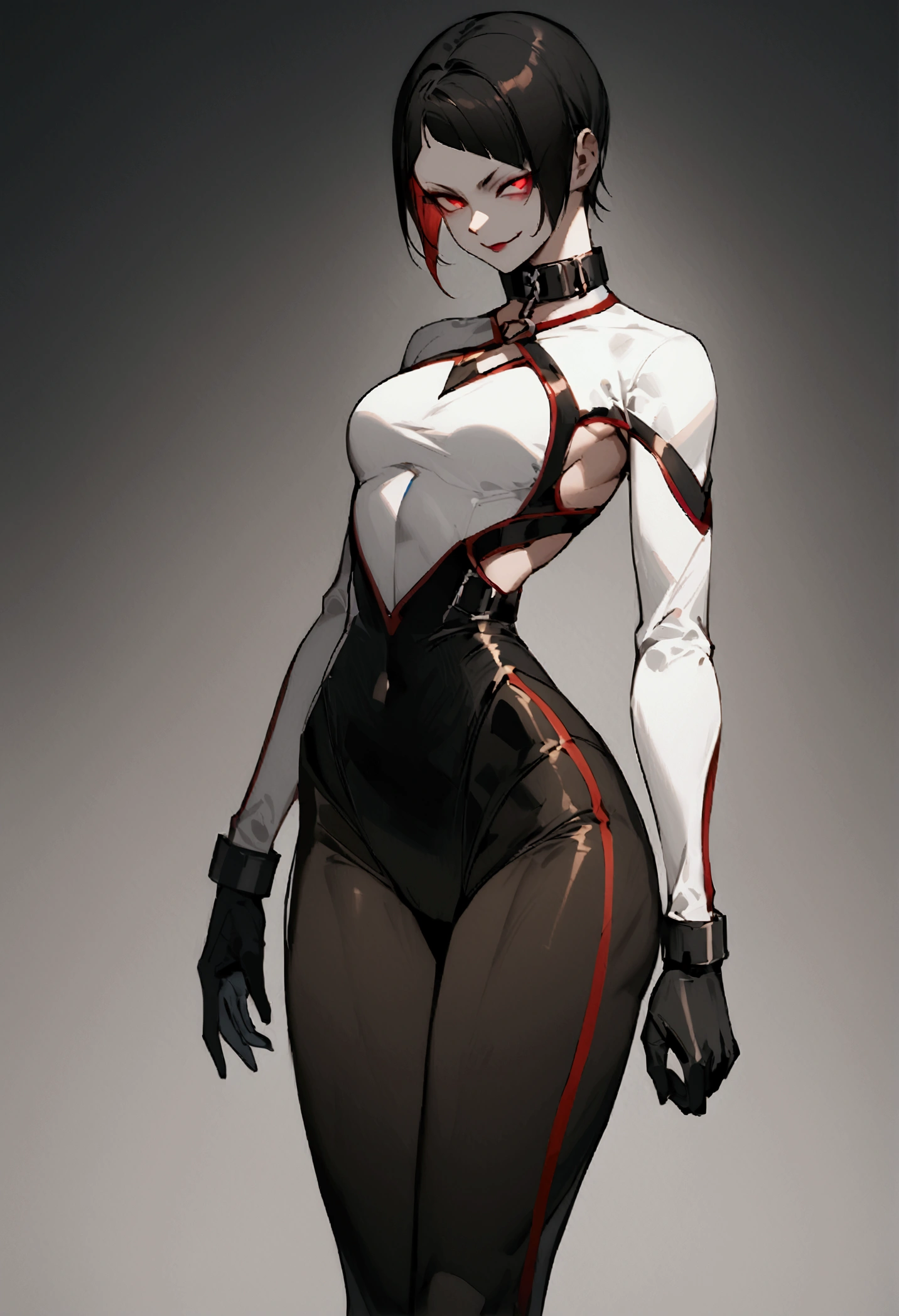 fully body,standing,alone,short hair,work of art,face detailed,young fitness linda,Wearing black pantyhose,tight white sweater with collar ,neckleace,evil smile,red eyes glowing,labiaa,eye shadow,bangs on the eyes,black gloves