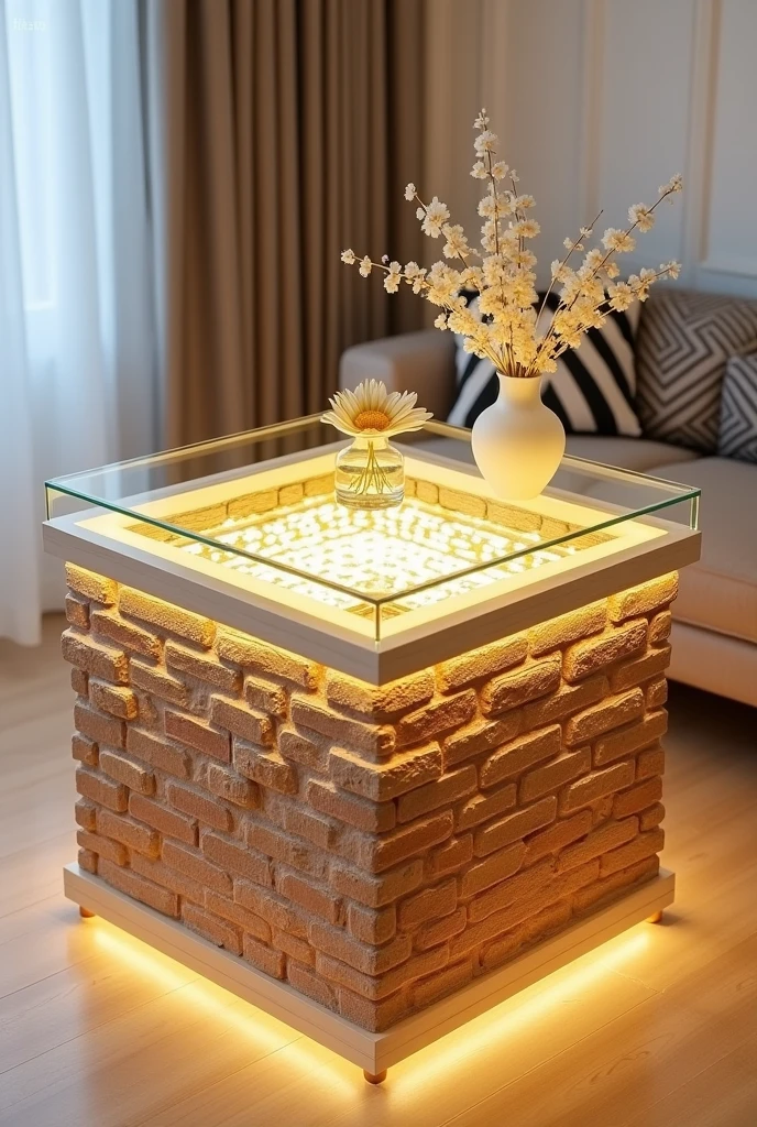 Small and simple, this handcrafted square small table features a clear acrylic glass top that creates a simple visual effect similar to a deep well thanks to the warm golden LED lighting.. The sides are made of high-quality MDF wood covered with 3D wallpaper that reflects the look of natural brick.. The table is decorated with simple decorations such as artificial flowers and golden ornaments made of light materials.. The table is placed on a light wooden floor, adding a touch of simplicity and modernity.. The design combines elegance and economy, making it suitable for any home.