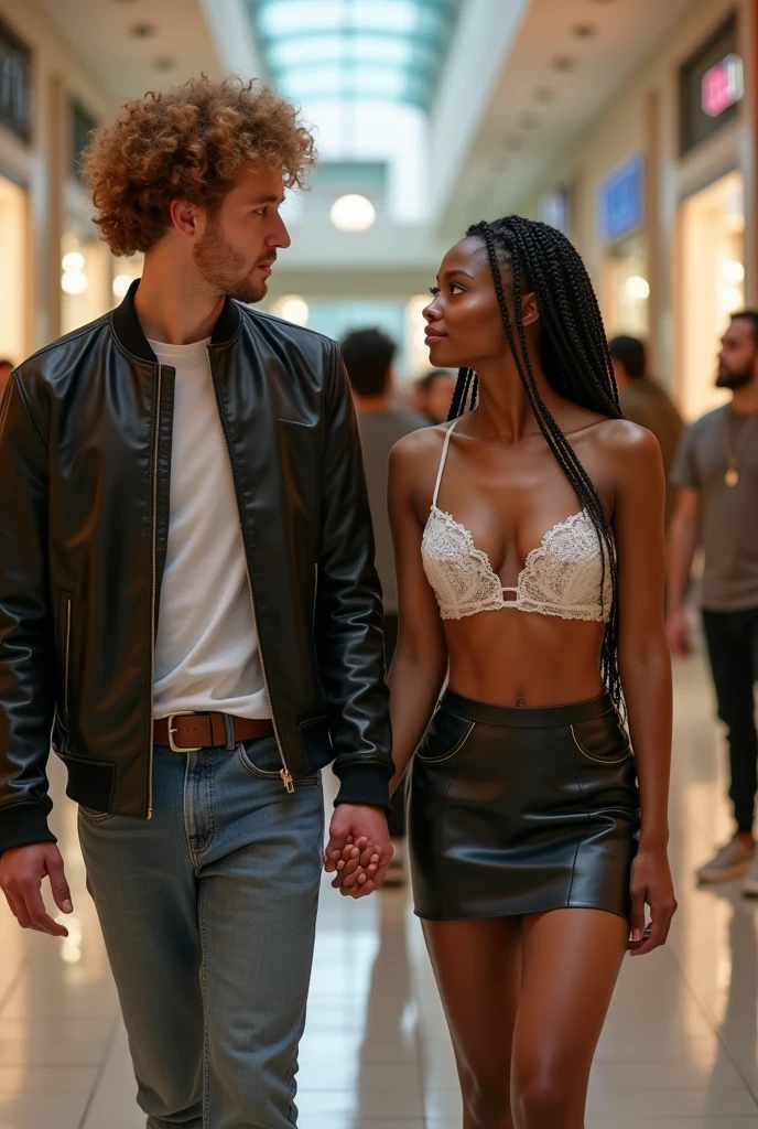 Magnificent detail, 8K Photos, hyper- realism, realistic background, visual depth, wide angle lens, professional light. {The scene shows a couple of tall white men with curly hair walking through a shopping center holding hands with his sexy short, hot black girlfriend with braided hair., that is attracting the attention of other men at the mall.} Other men in the mall express sexual desire by looking at the woman. The woman has braided hair, muscular leg and small breasts. The woman wears a leather miniskirt and a white lace bra.. The white man has long curly hair, wear jeans and a t-shirt. Other men in the mall express sexual desire by looking at the woman. The man has 1.89 tall. The woman has 1.69 tall