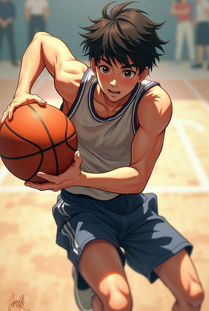 Create an anime drawing style art without having too many details in the background and a man holding a basketball jumping in the center