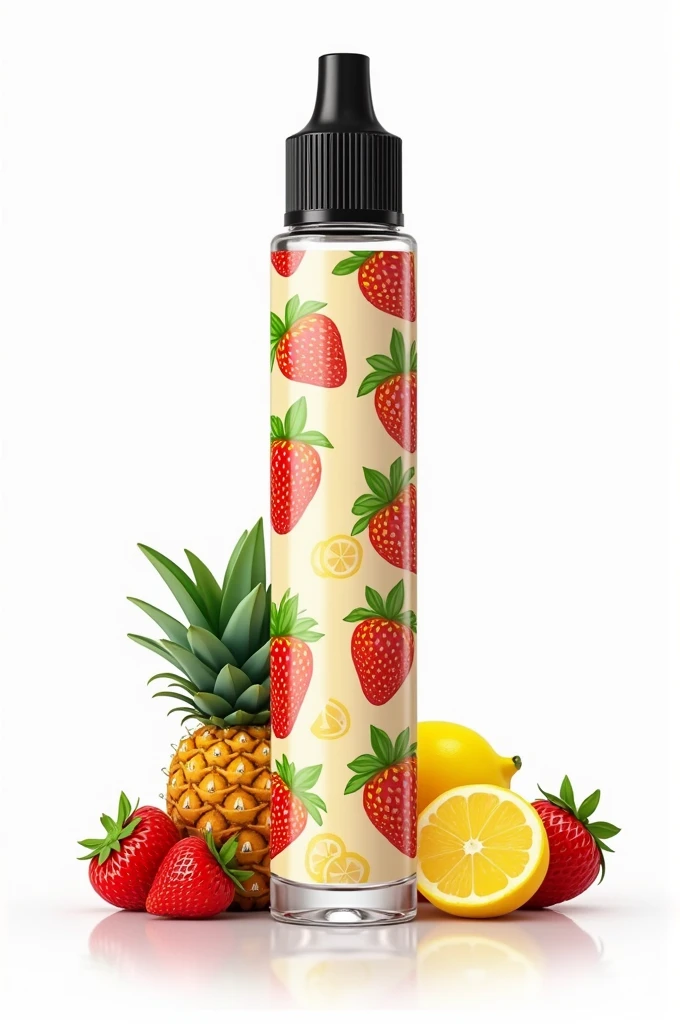 Vector art, bottle of vape liquid with label, The label depicts fruits, White background
