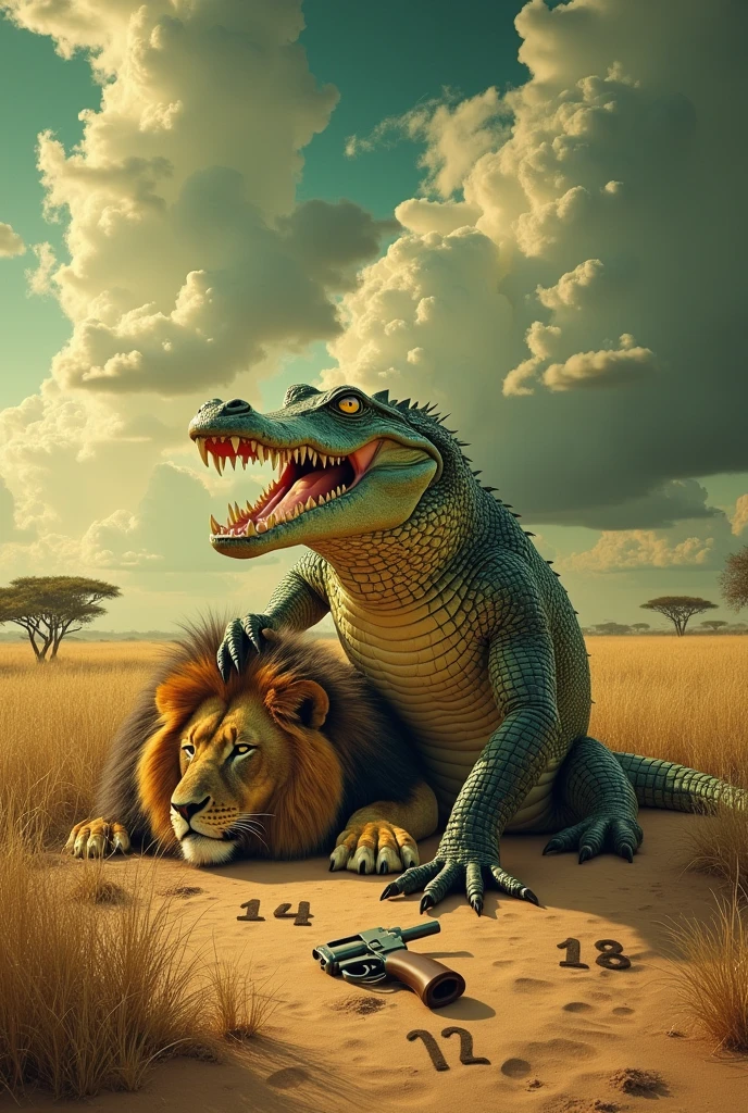 Crocodile killing lion with pistol shot with numbers 14.18.12 ago