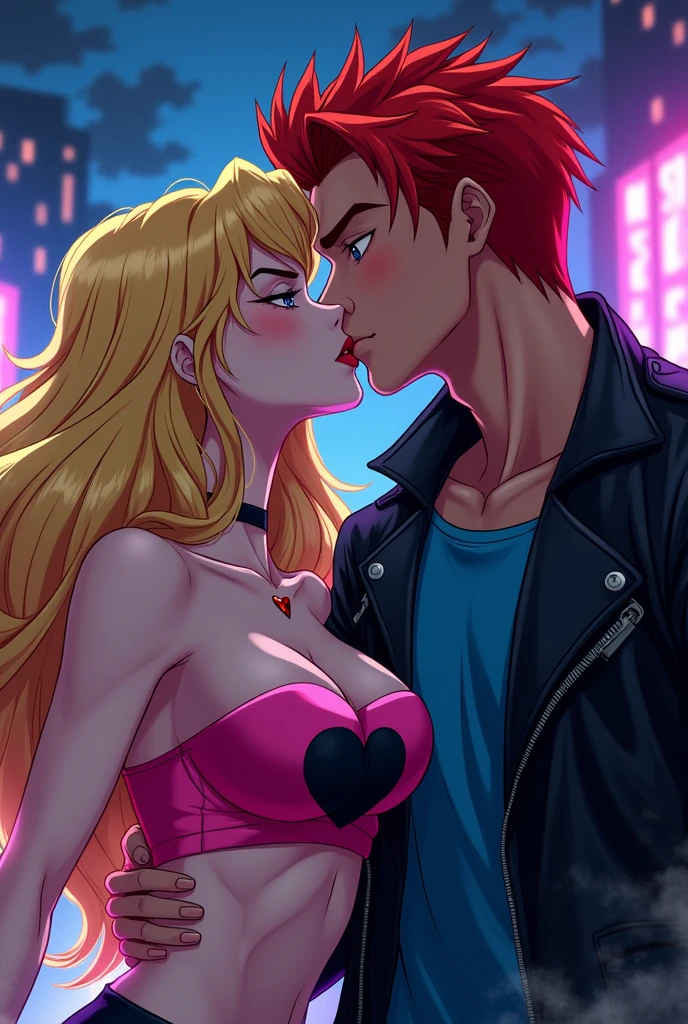 Anime style Evil supervillainess with blonde hair and sapphire eyes, wearing a pink tube top with a black heart on it.  She is kissing a hero with red hair, wearing a black leather jacket over a blue shirt. and taking over his mind.