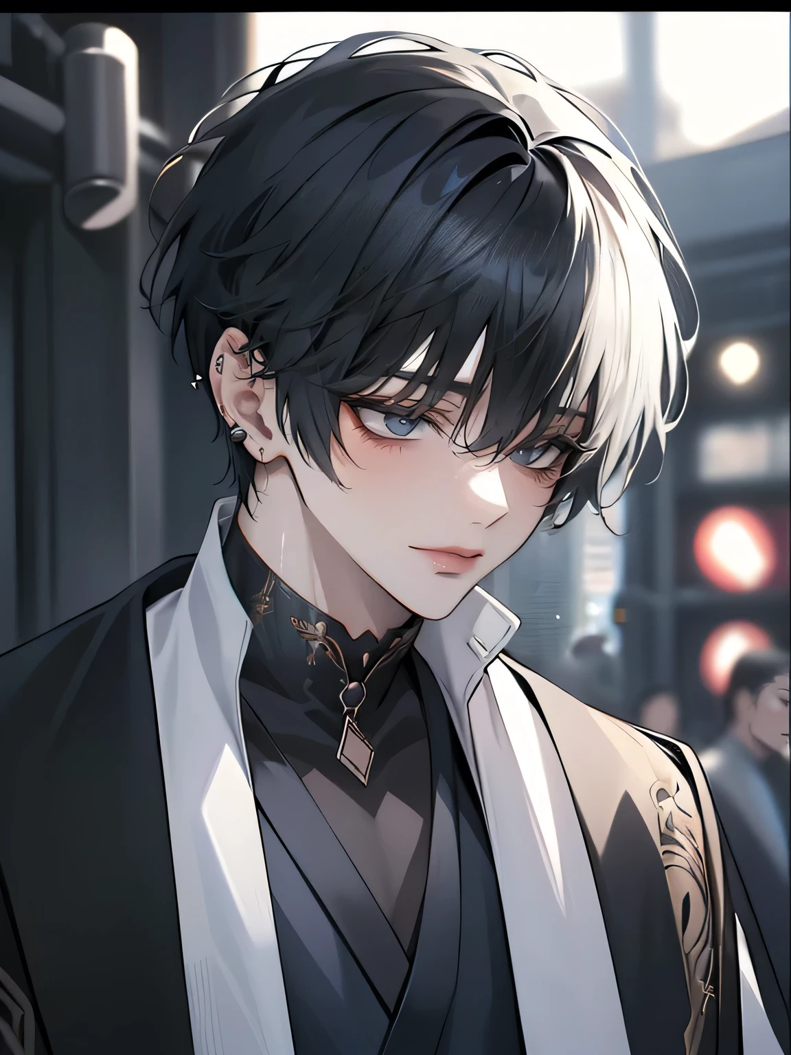 One handsome boy、Hairstyle with light golden color and black end、light blue color、small face、anime makeup、"A man with a cute and androgynous face"、White skin、cute eyes、Very thin eyebrows、high、stylish black gothic fashion、Long trousers with long sleeves、winter clothes、19 years、Japanese-Korean half-human、Has a languid appearance、anger、lower the corners of your mouth, without showing any facial expression.、Shot from the side diagonally.、model photo shoot、masterpiece、top quality、a high resolution、Fantasy、Bright facial expression、Korean Makeup、Wear a lot of piercings、Cool photos、blurry black filter、various poses、Blue filter、SeventeenのJOHN KHANに似た顔、JOHN KHAN、Seventeen