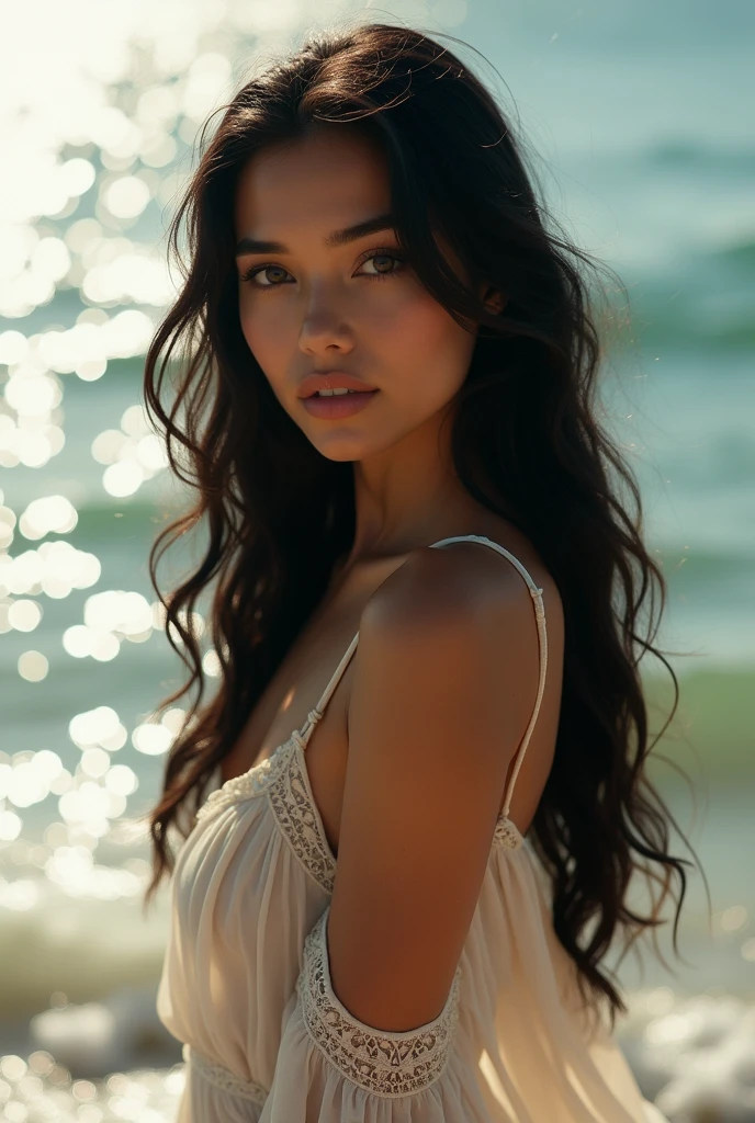 une belle fille avec de longs cheveux noirs ondulés, déshabiller sa robe, Debout au bord de la mer, lui montrant , Visage et yeux détaillés, détails complexes, Photoréaliste, 8k, Haute qualité, éclairage naturel, Cinématique, chef-d'œuvre, Spectaculaire, sensuel