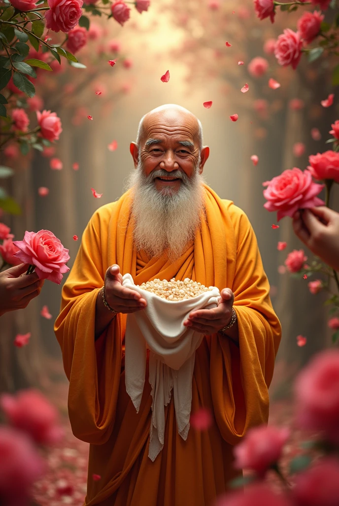 Innocent happy smiling rich old saint buddha giving money from both hands royal background and giving his wealth to me blessings and he also giving me away white cloths pink flowers and girls to me women giving me red rose