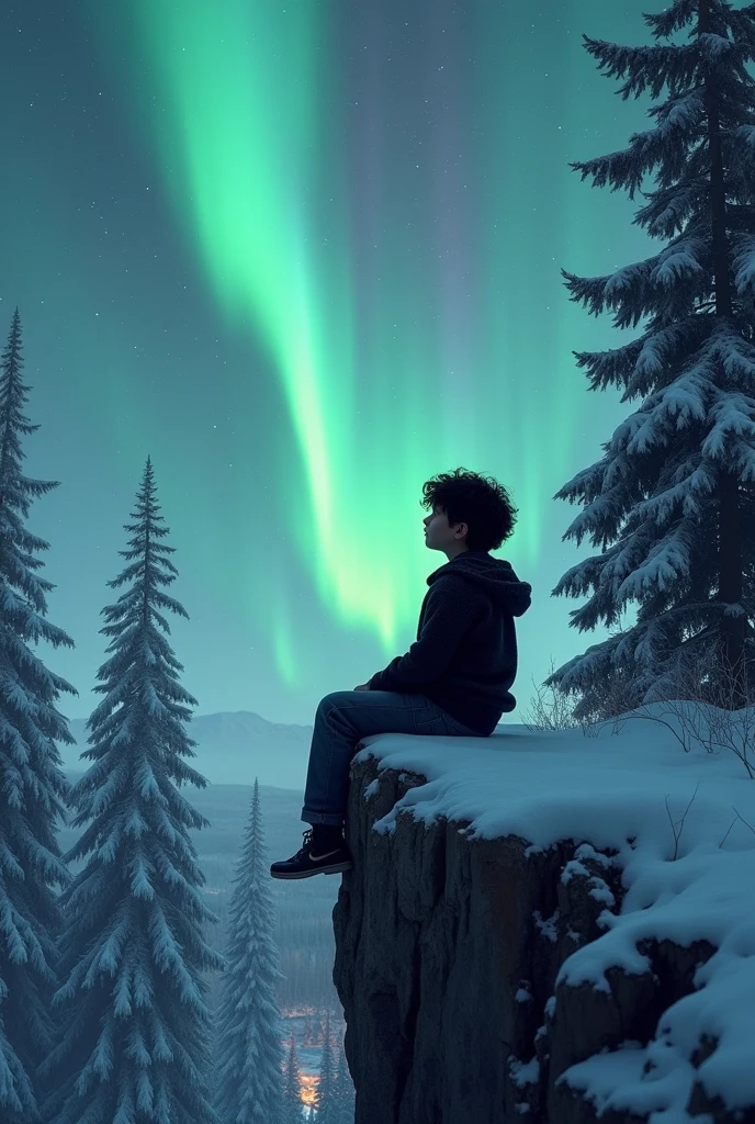 A boy with dark, wavy, shoulder-length hair, He is slender and wearing a black wool sweater and blue jeans., He is sitting on a cliff in a snowy forest watching the Northern Lights