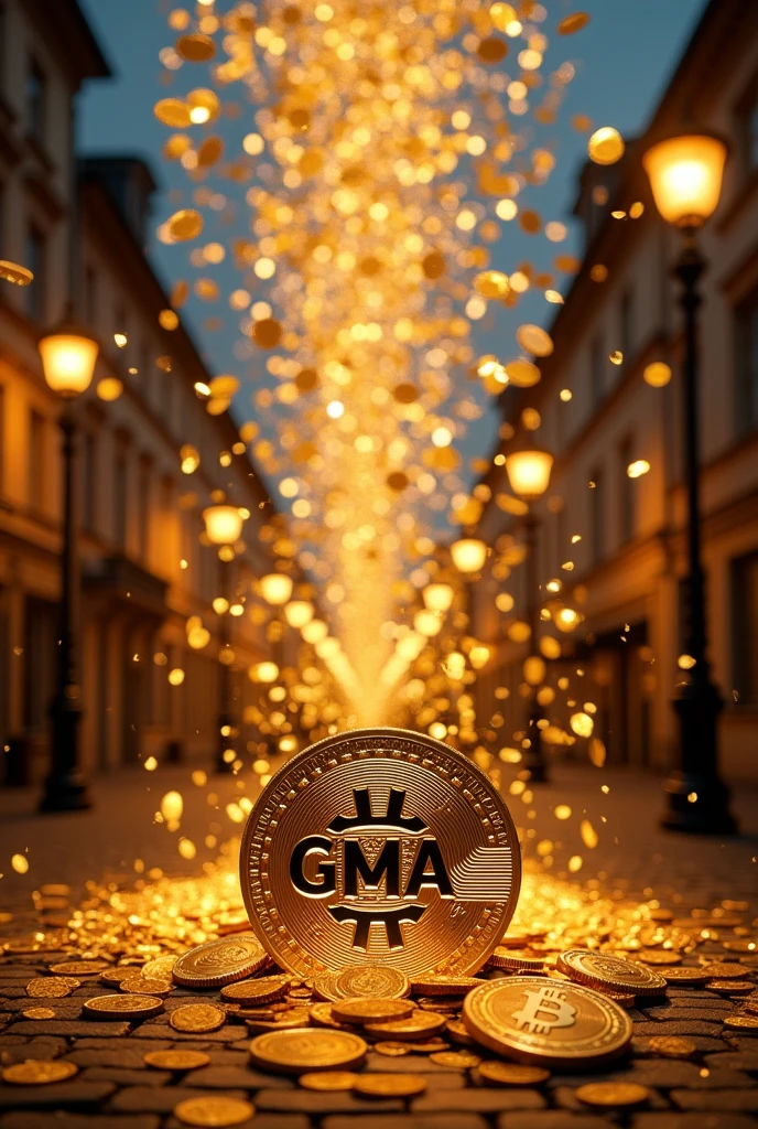 rain of coins and one that stands out with the logo "GMA"