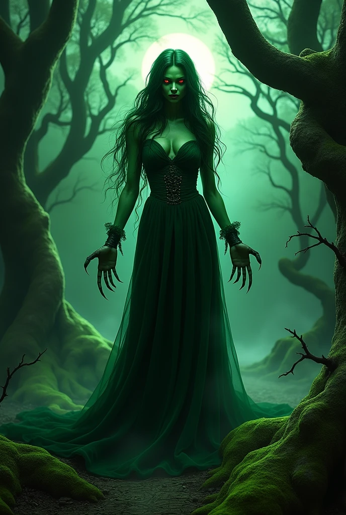 Green witch with evil red eyes with claws and a dark smile