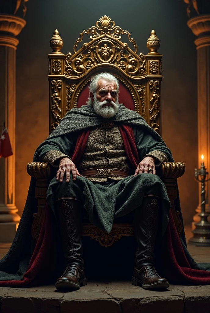 Elder man with a crown on his head, seems sad and he is sitting on the throne, he wears moustache and his cape goes down the throne dark colours are around, the king is worried about his kingdom divided by three other countries