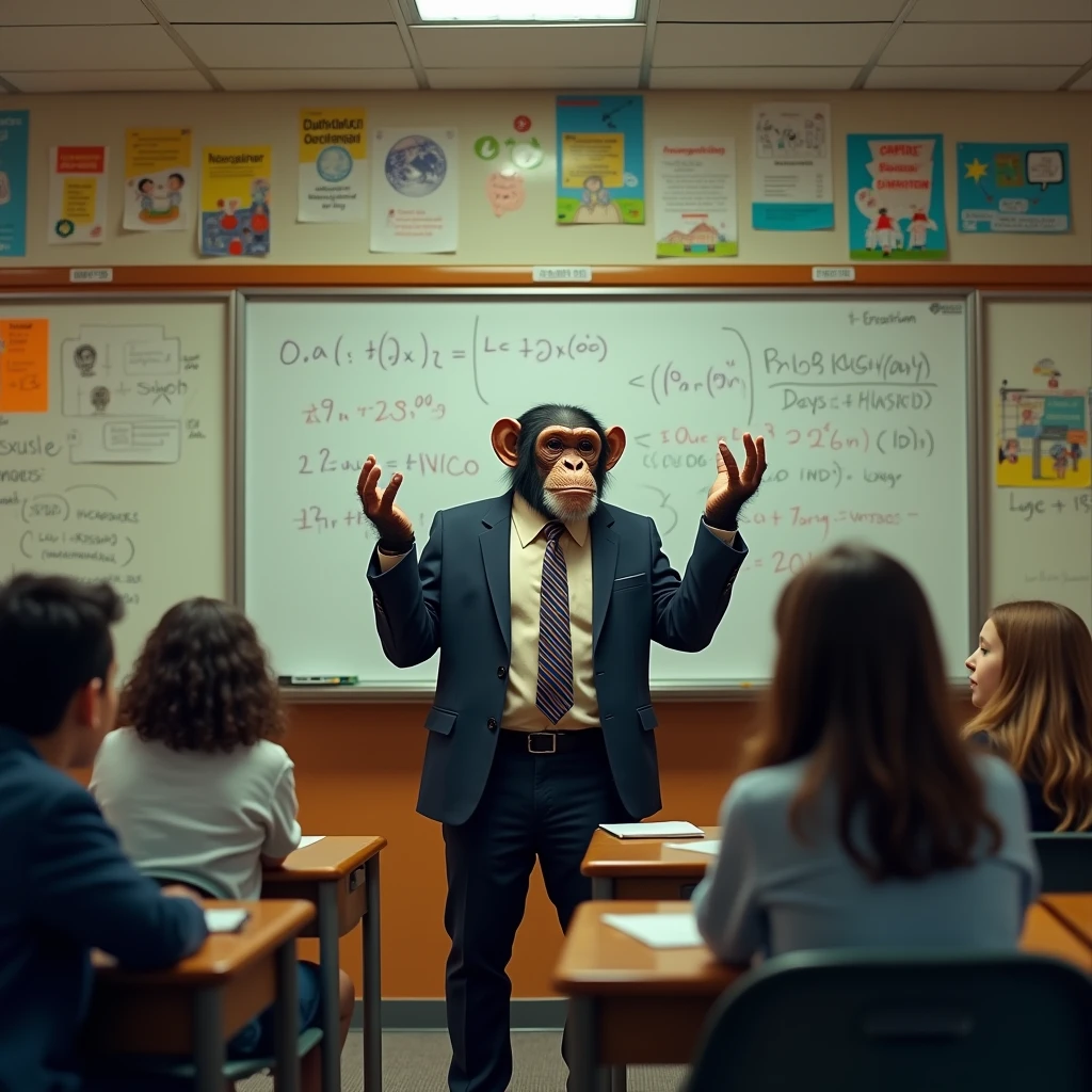A chimpanzee, the chimpanzee is the teacher, He's in a suit and tie, arms point to the whiteboard, he is a university professor and he is in a classroom teaching young foolish humans who are paying attention to the class. On the whiteboard there are several physics formulas. 