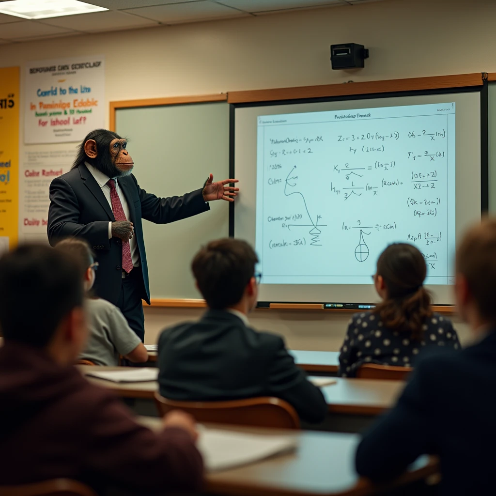 A chimpanzee, the chimpanzee is the teacher, He's in a suit and tie, arms point to the whiteboard, he is a university professor and he is in a classroom teaching young foolish humans who are paying attention to the class. On the whiteboard there are several physics formulas.