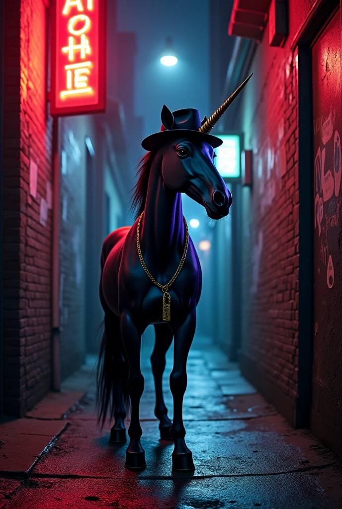 A mafia unicorn in the middle. Background a dark alley. In the alley hangs a poster with big red inscription: Anachie 