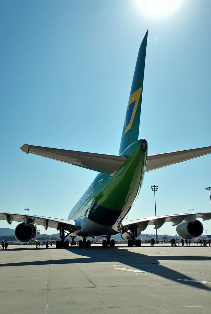 Create an Airbus A380 with Brazilian Airlines written on it on the runway