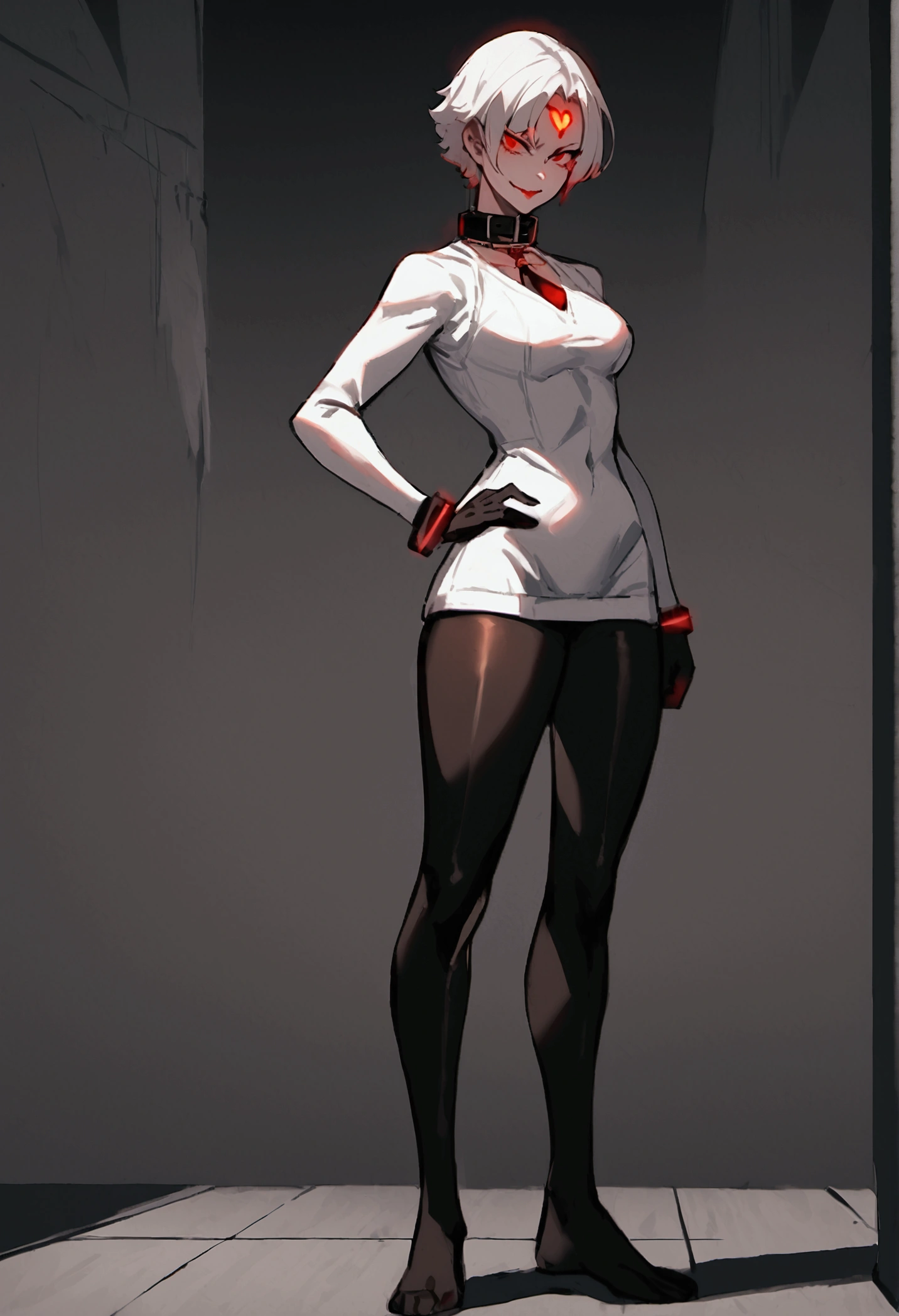fully body,standing,alone,short hair,work of art,face detailed,young fitness linda,Wearing black pantyhose,tight white sweater with collar ,neckleace,evil smile,red eyes glowing,labiaa,eye shadow,bangs on the eyes,black gloves
