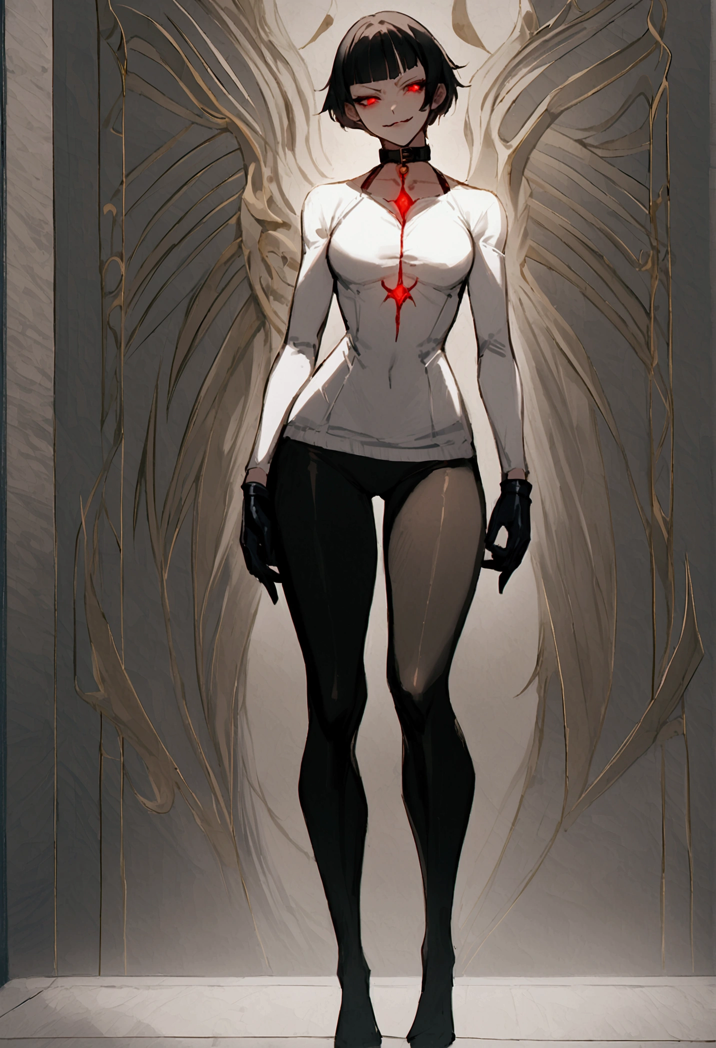 fully body,standing,alone,short hair,work of art,face detailed,young fitness linda,Wearing black pantyhose,tight white sweater with collar ,neckleace,evil smile,red eyes glowing,labiaa,eye shadow,bangs on the eyes,black gloves
