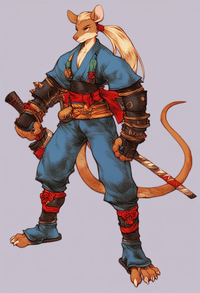 a furry anthropomorphic black/brown rat buff,muscular man wearing a survivalist suit,master splinter,Hamato Yoshi,thick,young,long hair,ponytail,90’s style. He’s androgynous,equipped with some weapons and a sensual ,peaceful expression,full body.The scene has a cool,sweet,sexual,samurai/yakuza style and a vibrant tone.industrial/yokai setting in the background