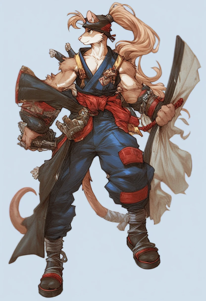 a furry anthropomorphic black/brown rat buff,muscular man wearing a survivalist suit,master splinter,Hamato Yoshi,thick,young,long hair,ponytail,90’s style. He’s androgynous,equipped with some weapons and a sensual ,peaceful expression,full body.The scene has a cool,sweet,sexual,samurai/yakuza style and a vibrant tone.industrial/yokai setting in the background