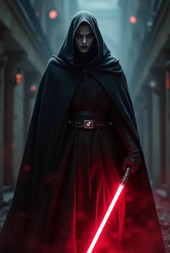 The app Tiktok as a Sith Lord from Star Wars, colors of the app (black, white), red lightsaber, creepy, scary, ultra-realistic 