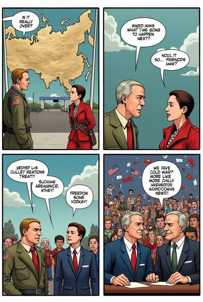 make 4 squares in a comic strip, with dialogues, on the dismemberment of the USSR and the end of the Cold War