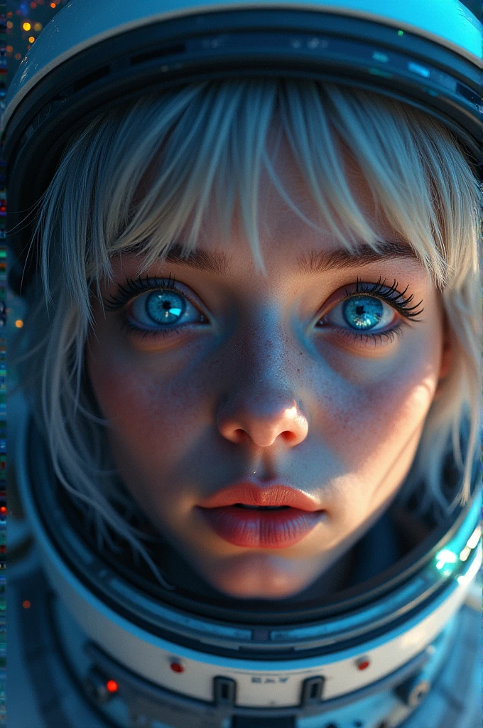 (Close-up of a better masterpiece: 1.5) 0.9], (Space and astronauts: 1.2) (Disheveled silver hair: 1.1) (Xanthochromia heterochromia and blue eyes: 1.2) (space helmet: 1.0) (colorful stars in the eyes: 1.0) (A radiant glow: 1.1) (thick lips: 0.9)