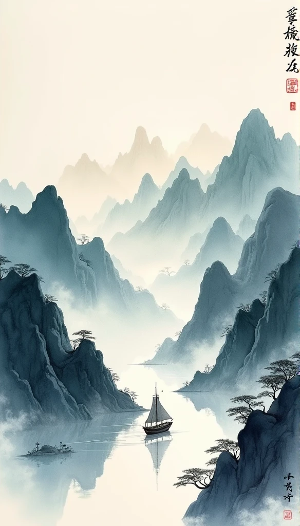 Chinese landscape painting,ink and watercolor painting,water ink,ink,blur,Meticulous,water ink,blur,Meticulous,blur,Low saturation,low contrast,A light ship crossed ten thousand heavy mountains.,Beautifully described,detailed,Acura,works of masters,masterpiece