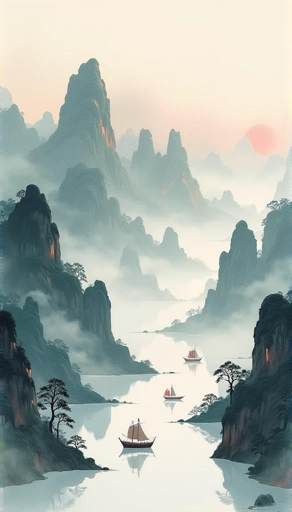Chinese landscape painting,ink and watercolor painting,water ink,ink,blur,Meticulous,water ink,blur,Meticulous,blur,Low saturation,low contrast,A light ship crossed ten thousand heavy mountains.,Beautifully described,detailed,Acura,works of masters,masterpiece