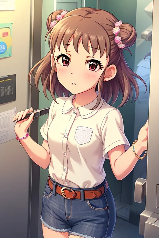 Munakata Atsumi,
double bun, hair bun, brown hair, blush, 1girl, solo, jewelry, short hair, hair ornament, brown eyes, looking at viewer, bracelet, hair bow, white shirt, belt, jeans shorts, shorts rolled up,
