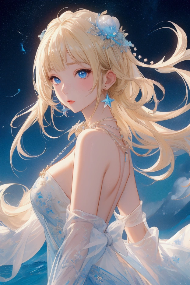 (masterpiece、Highest quality、8k、High resolution)、(The best beautiful girl)、Best Style、(The most beautiful face)、Clear skin、Clean blue eyes、Beautiful lips、Beautiful nose、Blonde Hair、Ample breasts、Walking on the sand、look back、The line of the buttocks is round and beautiful.、Ocean、You can see the forest、A bright night with stars visible、Beautiful starry sky、milky way、(体whole bodyから神秘的な光の粒子、Colorful Light)、The face looks beautiful、(jewelry、necklace)、dress、(whole body)、Highly detailed anime art、A complete portrayal、