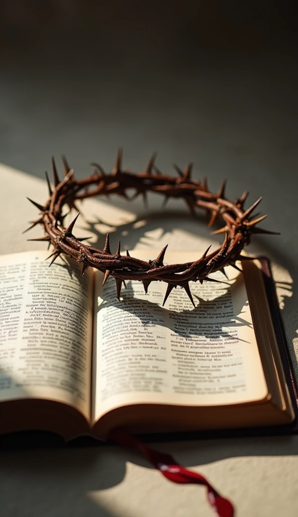 "Create an evocative image with an open Bible in the foreground on a simple, neutral surface. Next to the Bible, put on a crown of thorns, with visible details and drops of blood gently dripping from its thorns. The lighting should be soft and directed to highlight the texture of the two objects and the drops of blood., creating a dramatic contrast. The atmosphere of the image should convey a feeling of deep reflection and sacrifice.."