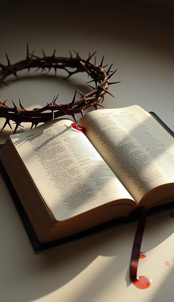 "Create an evocative image with an open Bible in the foreground on a simple, neutral surface. Next to the Bible, put on a crown of thorns, with visible details and drops of blood gently dripping from its thorns. The lighting should be soft and directed to highlight the texture of the two objects and the drops of blood., creating a dramatic contrast. The atmosphere of the image should convey a feeling of deep reflection and sacrifice.."
