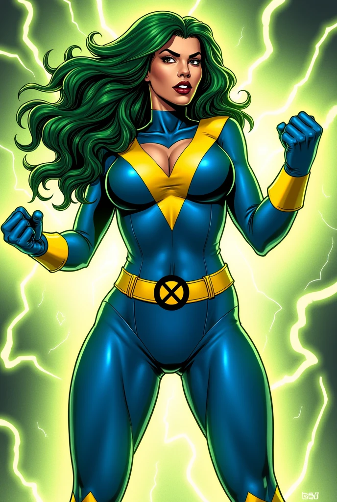 (Lorna Dane, polaris x-men, (attack uppercut pose:1.4), (busty and voluptuous body), (naked arms:1.4), (green thick wavy long hair:1.4), (huge breast:1.6), wearing a blue costume, big yellow in the chest and stomach, with yellow xmen belt, blue glowes, yellow boots, (she's surrounded by a green energy:1.5), (comic style:1.4)