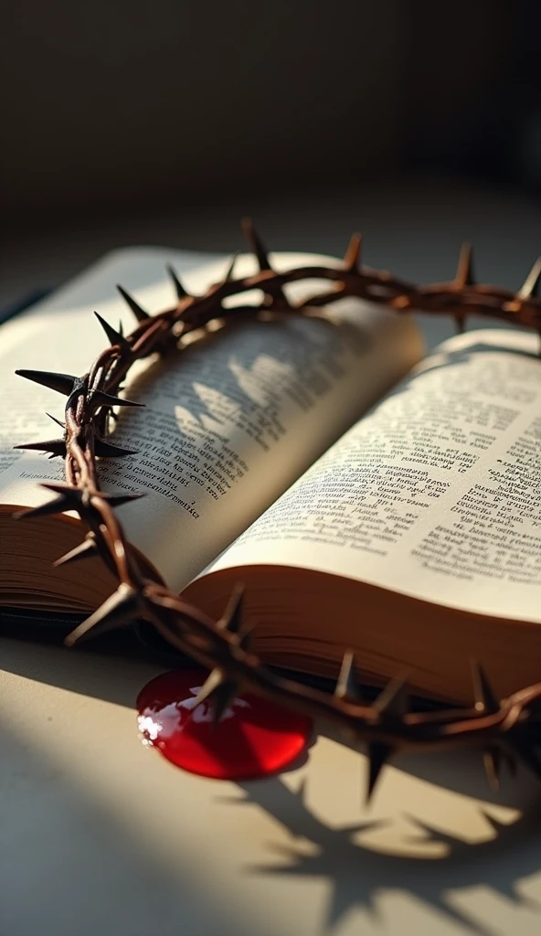"Create an evocative image with an open Bible in the foreground on a simple, neutral surface. Next to the Bible, put on a crown of thorns, with visible details and drops of blood gently dripping from its thorns. The lighting should be soft and directed to highlight the texture of the two objects and the drops of blood., creating a dramatic contrast. The atmosphere of the image should convey a feeling of deep reflection and sacrifice.."