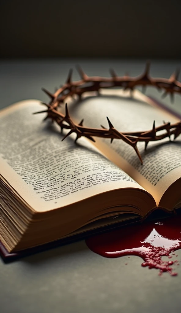 "Create an evocative image with an open Bible in the foreground on a simple, neutral surface. Next to the Bible, put on a crown of thorns, with visible details and drops of blood gently dripping from its thorns. The lighting should be soft and directed to highlight the texture of the two objects and the drops of blood., creating a dramatic contrast. The atmosphere of the image should convey a feeling of deep reflection and sacrifice.."