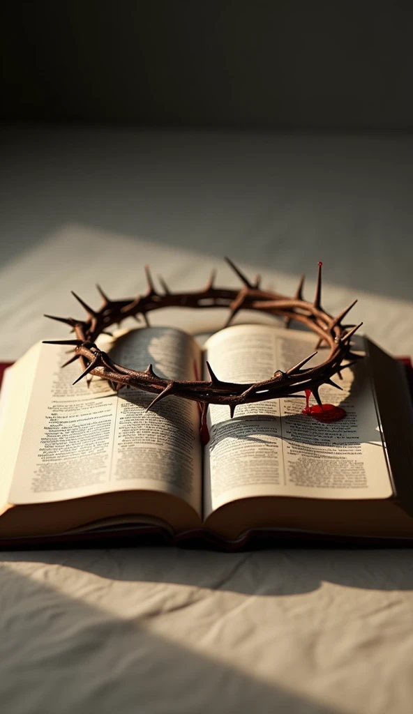 "Create an evocative image with an open Bible in the foreground on a simple, neutral surface. Next to the Bible, put on a crown of thorns, with visible details and drops of blood gently dripping from its thorns. The lighting should be soft and directed to highlight the texture of the two objects and the drops of blood., creating a dramatic contrast. The atmosphere of the image should convey a feeling of deep reflection and sacrifice.."
