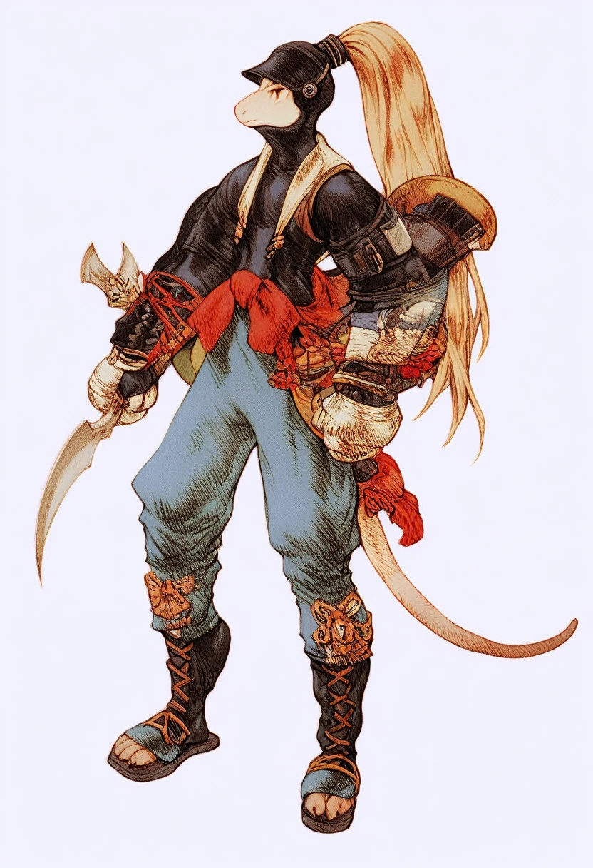 a furry anthropomorphic black/brown rat buff,muscular man wearing a survivalist suit,master splinter,Hamato Yoshi,thick,young,long hair,ponytail,90’s style. He’s androgynous,equipped with some weapons and a sensual ,peaceful expression,full body.The scene has a cool,sweet,sexual,samurai/yakuza style and a vibrant tone.industrial/yokai setting in the background