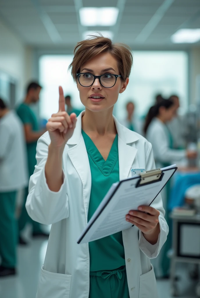 Doctor pointing finger as if to say "Wait a minute! Just one detail missing"!