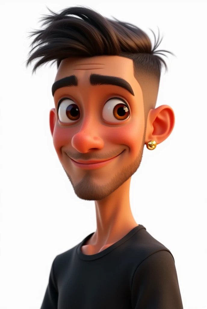 create a pixar-style image with a clean white background of a 33 year old man , beardless white to brown skin , Brown eyes , Short barber style haircut with small round earrings in the ear and a black t-shirt looking half-profile to the right with an expression
