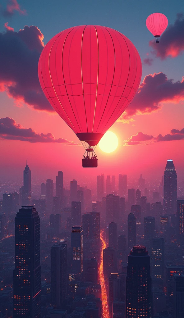 anime cyber punk inspired Bright Balloons over Urban Skyline: A bright hot air balloons rises above a bustling cityscape at sunset, with skyscrapers and city lights creating a dynamic and energetic backdrop. Realistic and cinematic. Award winning photography. Advertising photography. Commercial photography --chaos 23 --ar--stylize 750, Hawaii, gta vice style , illustration , reteo comic illustration