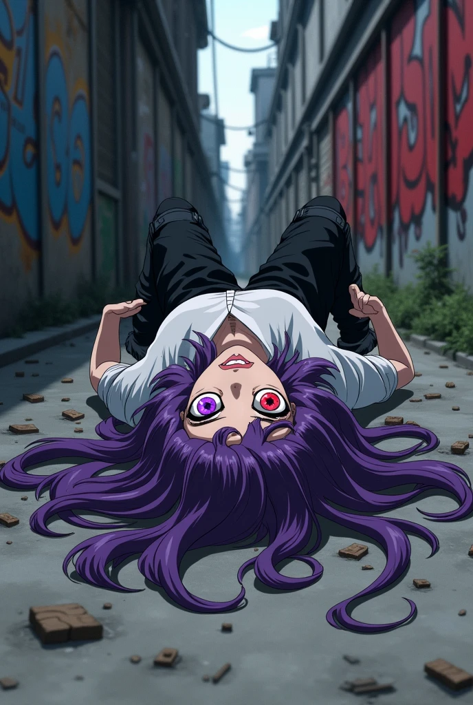 To create the image of the girl with these characteristics, I will describe the scene in detail:
A young woman with features inspired by the characters from Tokyo Revengers. she has purple hair, a stylish cut that falls a little over the face, with piercing violet and red eyes. His gaze is intense, with a slight reddish tint around the eyes, suggesting anger or contained emotion. She is wearing black cargo pants that give a modern and casual touch., a simple white top that contrasts with your skin, and put on a pair of classic All Stars. Her pose is confident, reflecting strength and determination, in an urban environment that reinforces the anime aesthetic.
dead, with many injuries