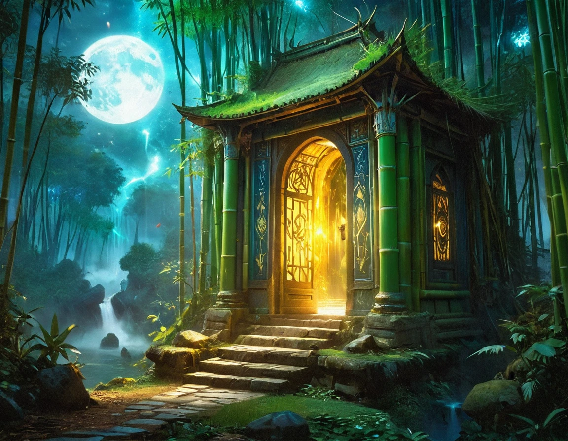  picture of a human sorceress sittings in (bamboo forest: 1.3), opening a large magical doorway, with magical runes on it, looking into the (heavens: 1.3), fantasy art, RPG art, an epic beautiful human woman (best details, Masterpiece, best quality), ultra detailed face (best details, Masterpiece, best quality), dynamic hair color, dynamic hair style, dynamic eyes color, dynamic dress (best details, Masterpiece, best quality), bamboo, the magical doorway opens into the heavens and you can see angels flying, glowing arcane sigils GlowingRunes_paleblue, fantasy bamboo forest at night, moon light, moon rays, stars, Ultra-high resolution, High Contrast, (masterpiece:1.5), highest quality, Best aesthetics), 16K fantasy art, best details, best quality, highres, (ultra wide angle: 1.2), 16k, [ultra detailed], masterpiece, best quality, (extremely detailed), Cinematic Hollywood Film
