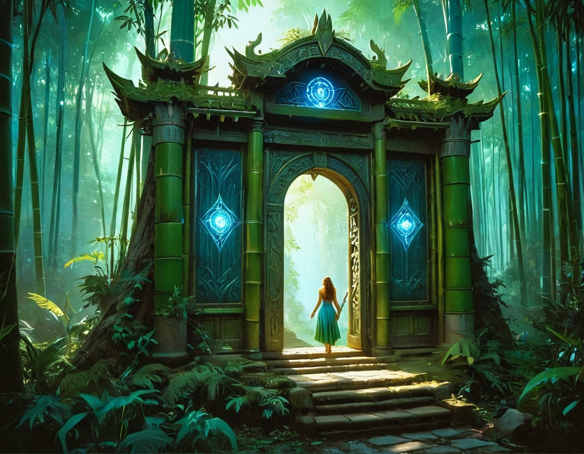  picture of a human sorceress sittings in (bamboo forest: 1.3), opening a large magical doorway, with magical runes on it, looking into the (heavens: 1.3), fantasy art, RPG art, an epic beautiful human woman (best details, Masterpiece, best quality), ultra detailed face (best details, Masterpiece, best quality), dynamic hair color, dynamic hair style, dynamic eyes color, dynamic dress (best details, Masterpiece, best quality), bamboo, the magical doorway opens into the heavens and you can see angels flying, glowing arcane sigils GlowingRunes_paleblue, fantasy bamboo forest at night, moon light, moon rays, stars, Ultra-high resolution, High Contrast, (masterpiece:1.5), highest quality, Best aesthetics), 16K fantasy art, best details, best quality, highres, (ultra wide angle: 1.2), 16k, [ultra detailed], masterpiece, best quality, (extremely detailed), Cinematic Hollywood Film
