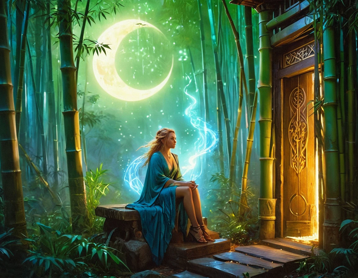  picture of a human sorceress sittings in (bamboo forest: 1.3), opening a large magical doorway, with magical runes on it, looking into the (heavens: 1.3), fantasy art, RPG art, an epic beautiful human woman (best details, Masterpiece, best quality), ultra detailed face (best details, Masterpiece, best quality), dynamic hair color, dynamic hair style, dynamic eyes color, dynamic dress (best details, Masterpiece, best quality), bamboo, the magical doorway opens into the heavens and you can see angels flying, glowing arcane sigils GlowingRunes_paleblue, fantasy bamboo forest at night, moon light, moon rays, stars, Ultra-high resolution, High Contrast, (masterpiece:1.5), highest quality, Best aesthetics), 16K fantasy art, best details, best quality, highres, (ultra wide angle: 1.2), 16k, [ultra detailed], masterpiece, best quality, (extremely detailed), Cinematic Hollywood Film

