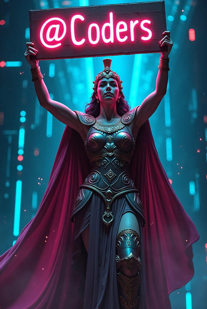 Athena Greek Goddess holding a sign that says "club @C0ders" with a Computer Programming background