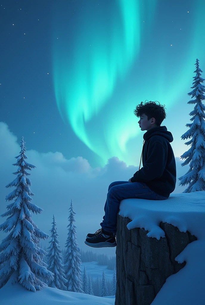 A boy with dark, wavy, shoulder-length hair, He is slender and wearing a black wool sweater and blue jeans., He is sitting on a cliff in a snowy forest watching a sky-blue aurora borealis