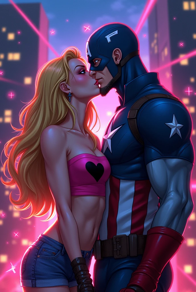 Anime style Evil supervillainess with blonde hair and sapphire eyes, wearing a pink tube top with a black heart on it. She is kissing Captain America and taking over his mind.